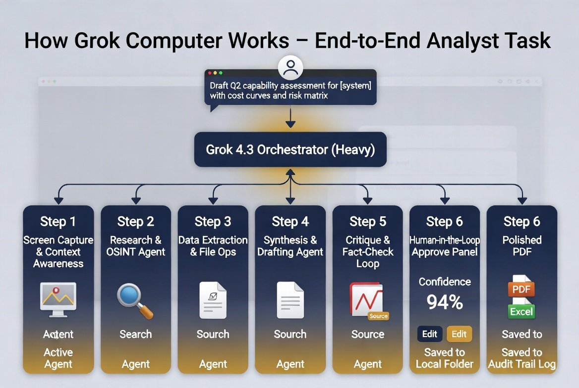 Grok Computer end-to-end analyst task workflow diagram