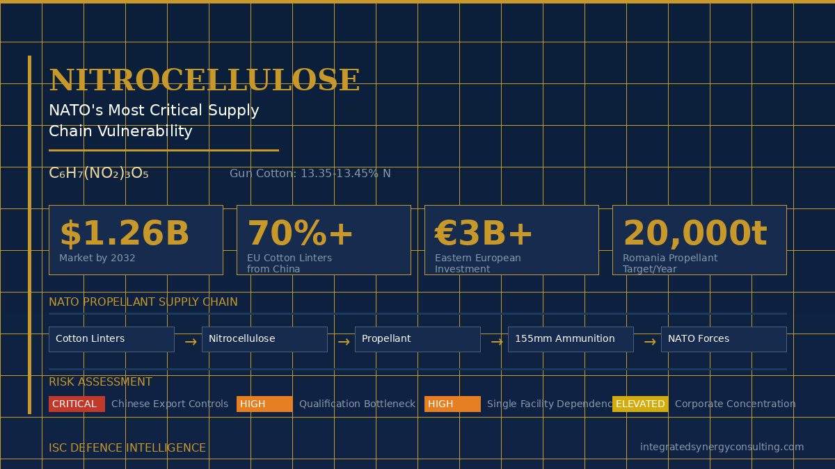 Nitrocellulose NATO supply chain analysis infographic showing $1.26B market size, 70%+ EU cotton linters dependency on China, and risk assessment